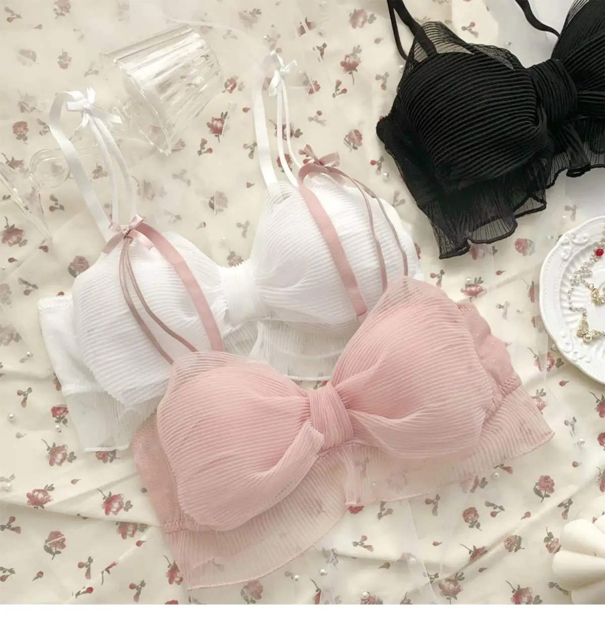 Conjunto de Lencería Sexy Pure Desire para Mujer, Cómodo, Delgado, Sin Aro, con Lazo de Mariposa, Sujetador con Efecto Push-U...