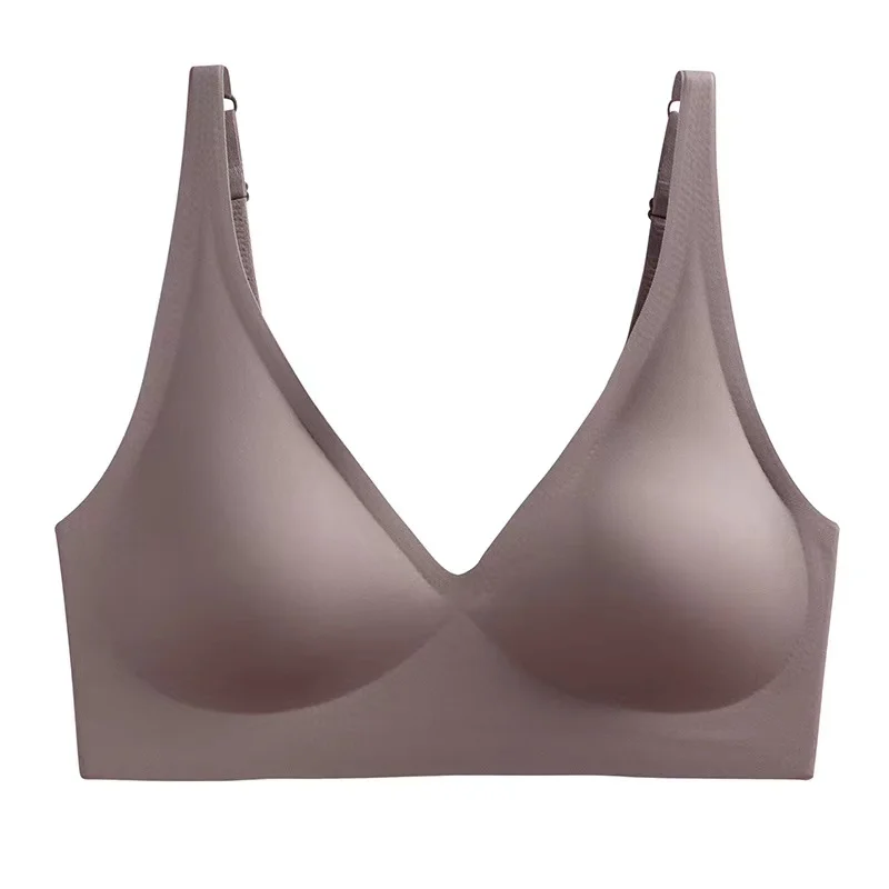 Ropa interior francesa con escote en V profundo para mujer, soporte suave, pegamento de gelatina, sin anillo de acero, pecho pequeño recogido, ajuste cómodo, sujetador sin costuras