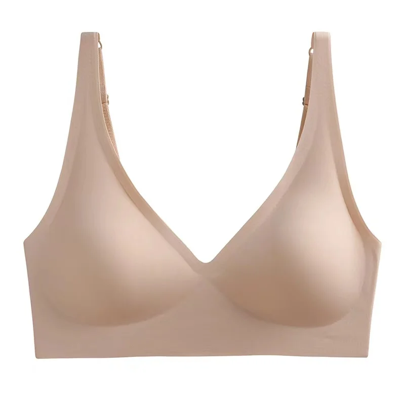 Ropa interior francesa con escote en V profundo para mujer, soporte suave, pegamento de gelatina, sin anillo de acero, pecho pequeño recogido, ajuste cómodo, sujetador sin costuras