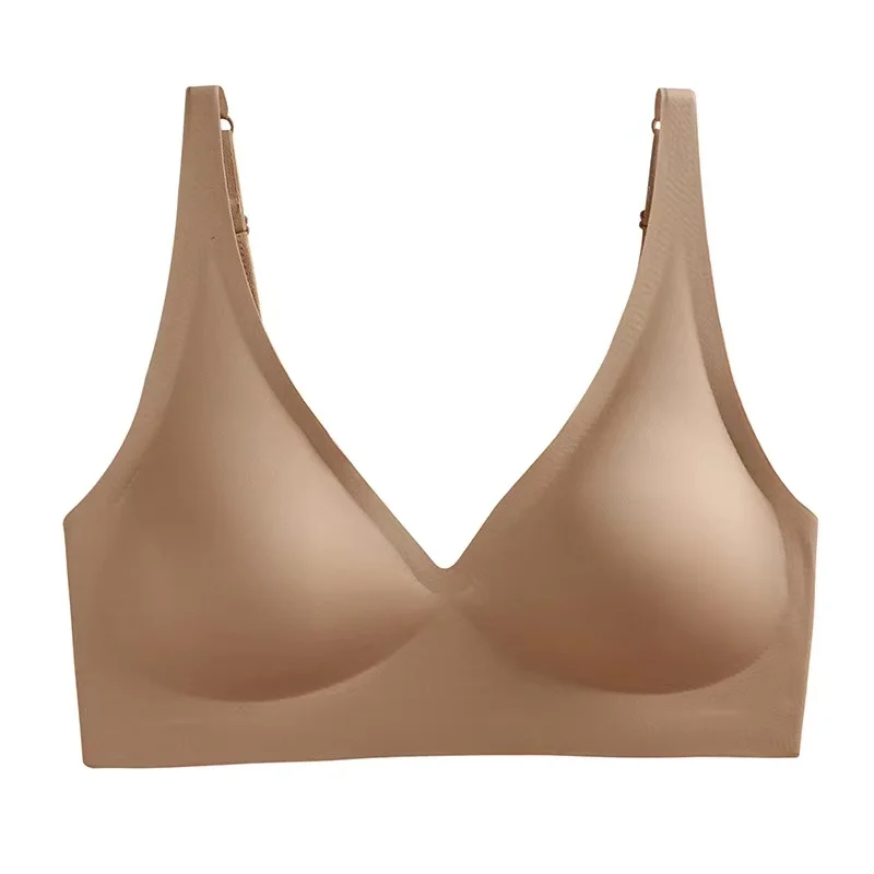 Ropa interior francesa con escote en V profundo para mujer, soporte suave, pegamento de gelatina, sin anillo de acero, pecho pequeño recogido, ajuste cómodo, sujetador sin costuras