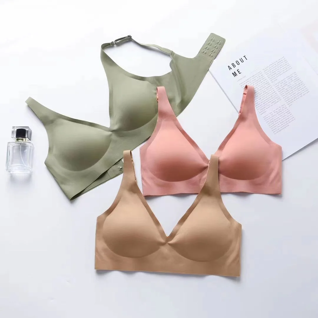 Ropa interior francesa con escote en V profundo para mujer, soporte suave, pegamento de gelatina, sin anillo de acero, pecho pequeño recogido, ajuste cómodo, sujetador sin costuras