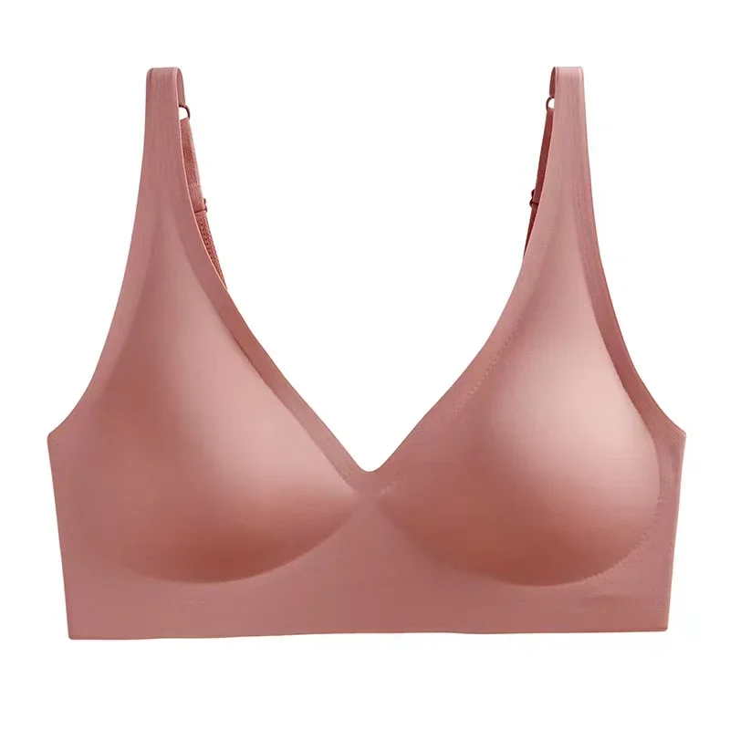Ropa interior francesa con escote en V profundo para mujer, soporte suave, pegamento de gelatina, sin anillo de acero, pecho pequeño recogido, ajuste cómodo, sujetador sin costuras