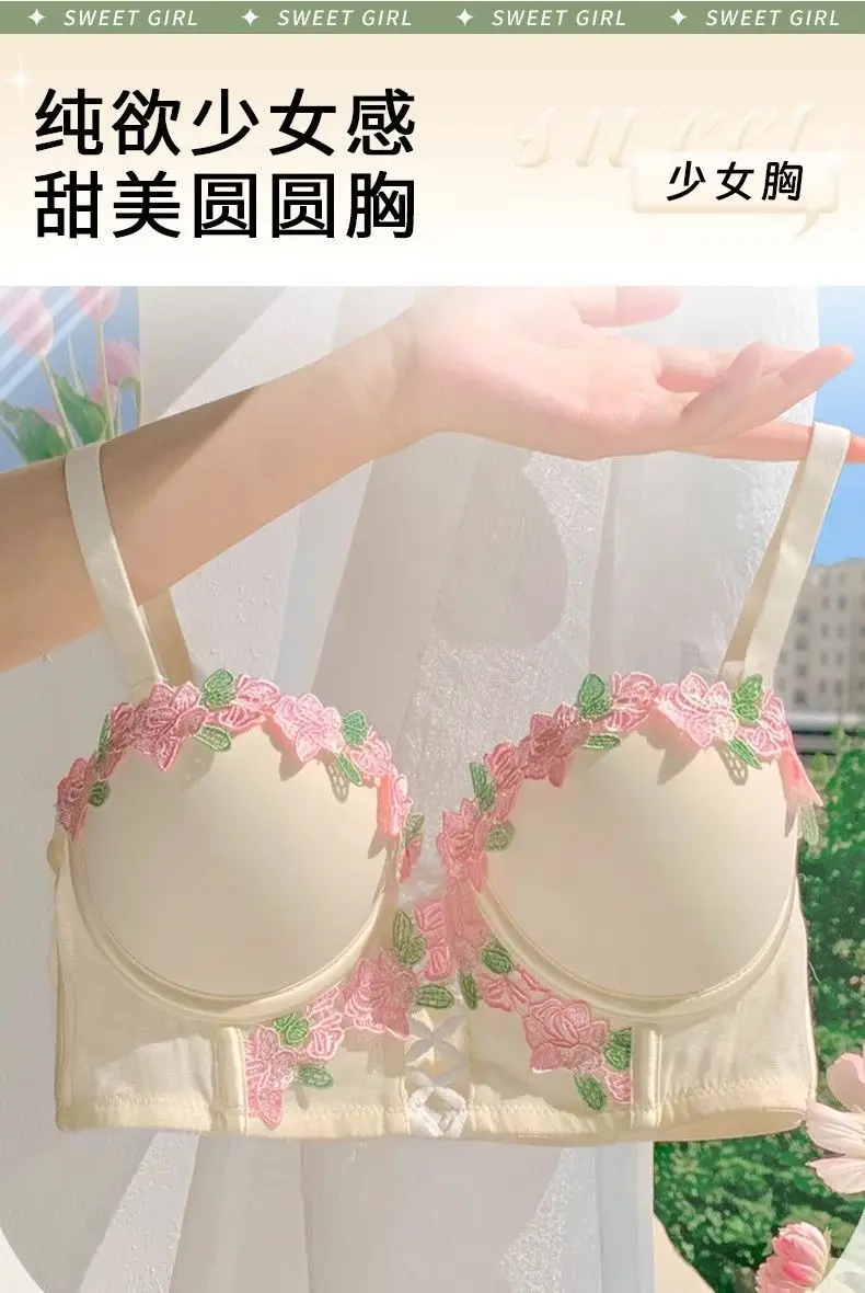 Nuevo sujetador push-up con bordado Floral dulce de encaje Sexy Retro francés