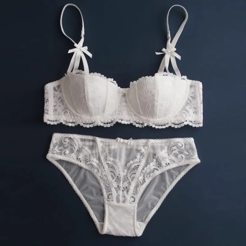 Conjunto de sujetador de encaje navideño para mujer, bralette y bragas transparentes negras, media copa ultrafina, lencería Pure Desire, traje de fiesta de Navidad