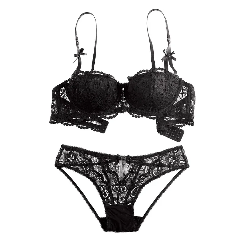 Conjunto de sujetador de encaje navideño para mujer, bralette y bragas transparentes negras, media copa ultrafina, lencería Pure Desire, traje de fiesta de Navidad