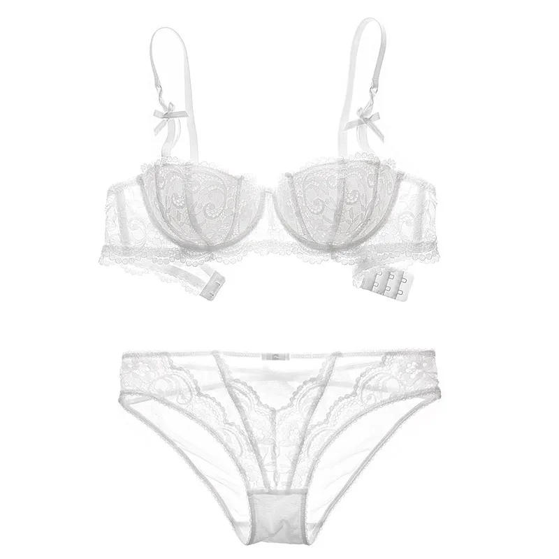 Conjunto de sujetador de encaje navideño para mujer, bralette y bragas transparentes negras, media copa ultrafina, lencería Pure Desire, traje de fiesta de Navidad