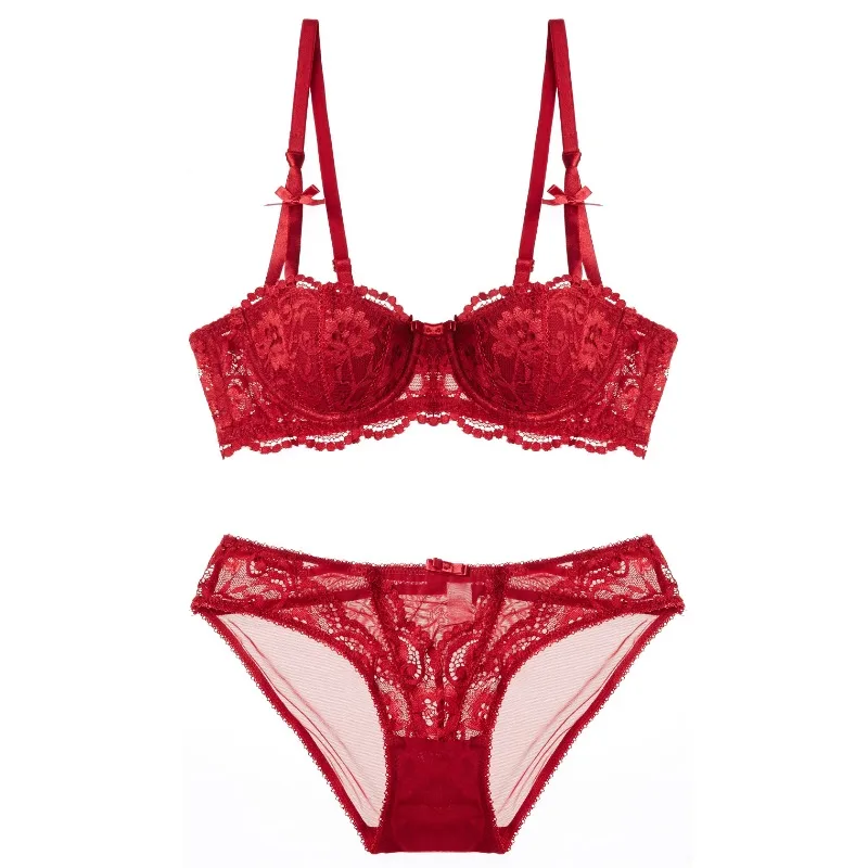 Conjunto de sujetador de encaje navideño para mujer, bralette y bragas transparentes negras, media copa ultrafina, lencería Pure Desire, traje de fiesta de Navidad