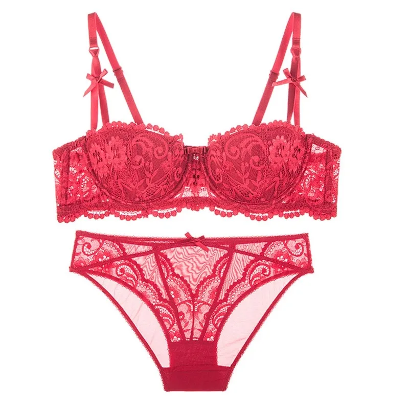 Conjunto de sujetador de encaje navideño para mujer, bralette y bragas transparentes negras, media copa ultrafina, lencería Pure Desire, traje de fiesta de Navidad