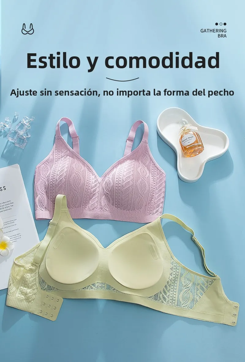 Sujetador inalámbrico de encaje con copa fija, ropa interior femenina sin costuras, copa completa, transpirable, con efecto p...