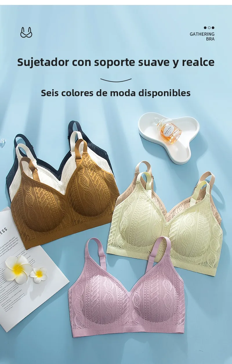 Sujetador inalámbrico de encaje con copa fija, ropa interior femenina sin costuras, copa completa, transpirable, con efecto p...