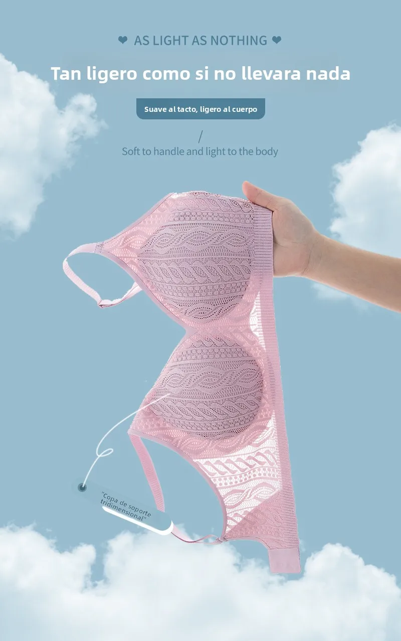 Sujetador inalámbrico de encaje con copa fija, ropa interior femenina sin costuras, copa completa, transpirable, con efecto p...