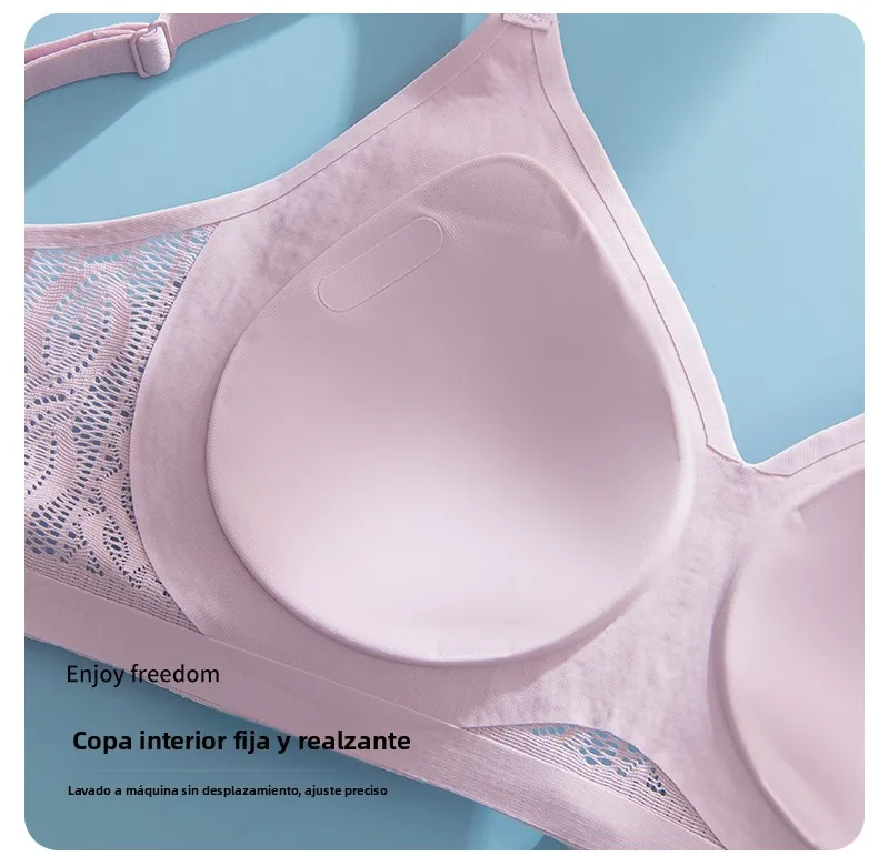 Sujetador inalámbrico de encaje con copa fija, ropa interior femenina sin costuras, copa completa, transpirable, con efecto p...