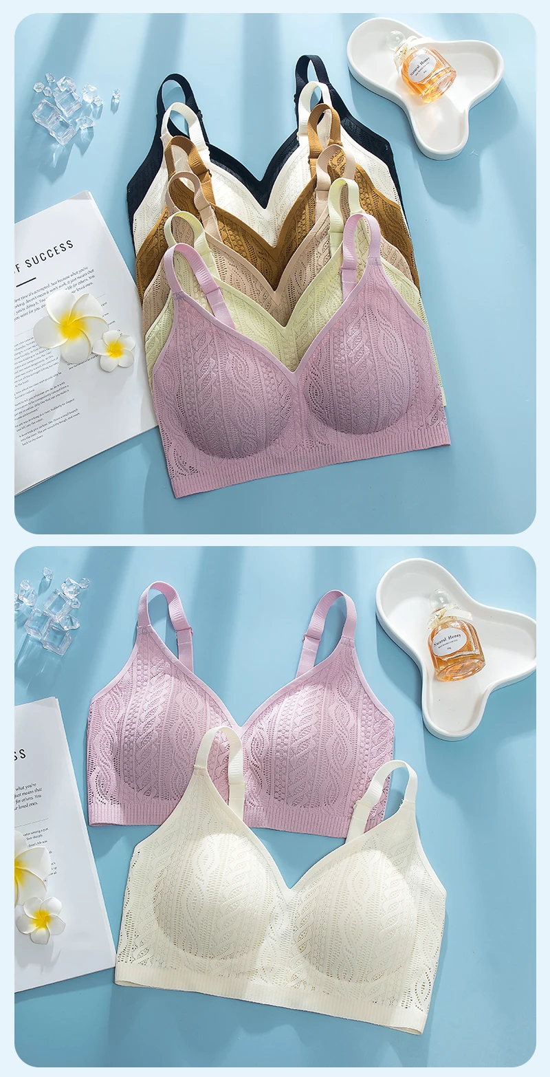 Sujetador inalámbrico de encaje con copa fija, ropa interior femenina sin costuras, copa completa, transpirable, con efecto p...