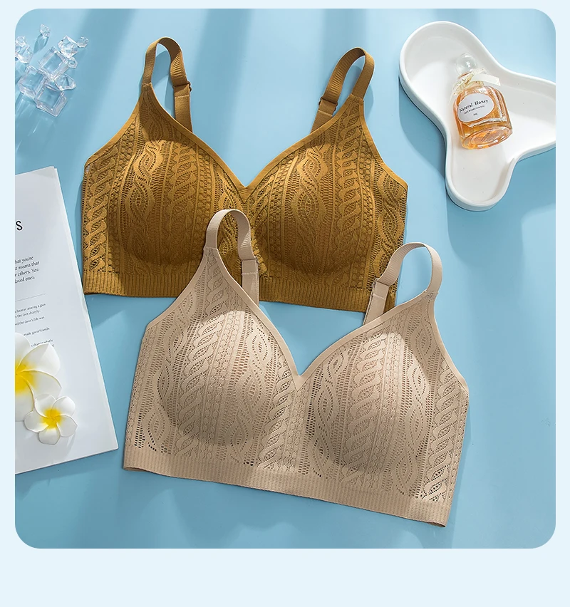 Sujetador inalámbrico de encaje con copa fija, ropa interior femenina sin costuras, copa completa, transpirable, con efecto p...
