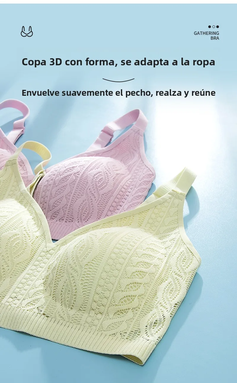 Sujetador inalámbrico de encaje con copa fija, ropa interior femenina sin costuras, copa completa, transpirable, con efecto p...
