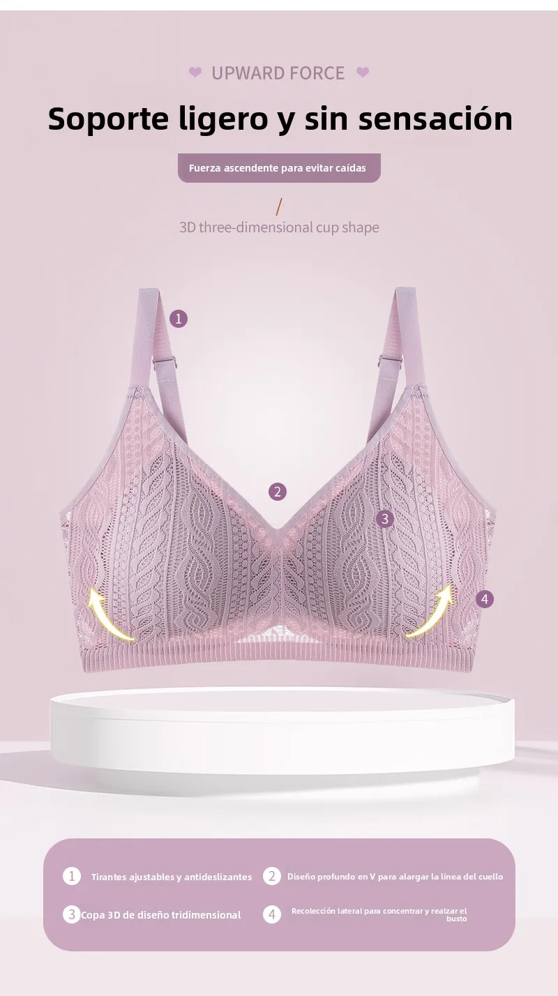 Sujetador inalámbrico de encaje con copa fija, ropa interior femenina sin costuras, copa completa, transpirable, con efecto p...