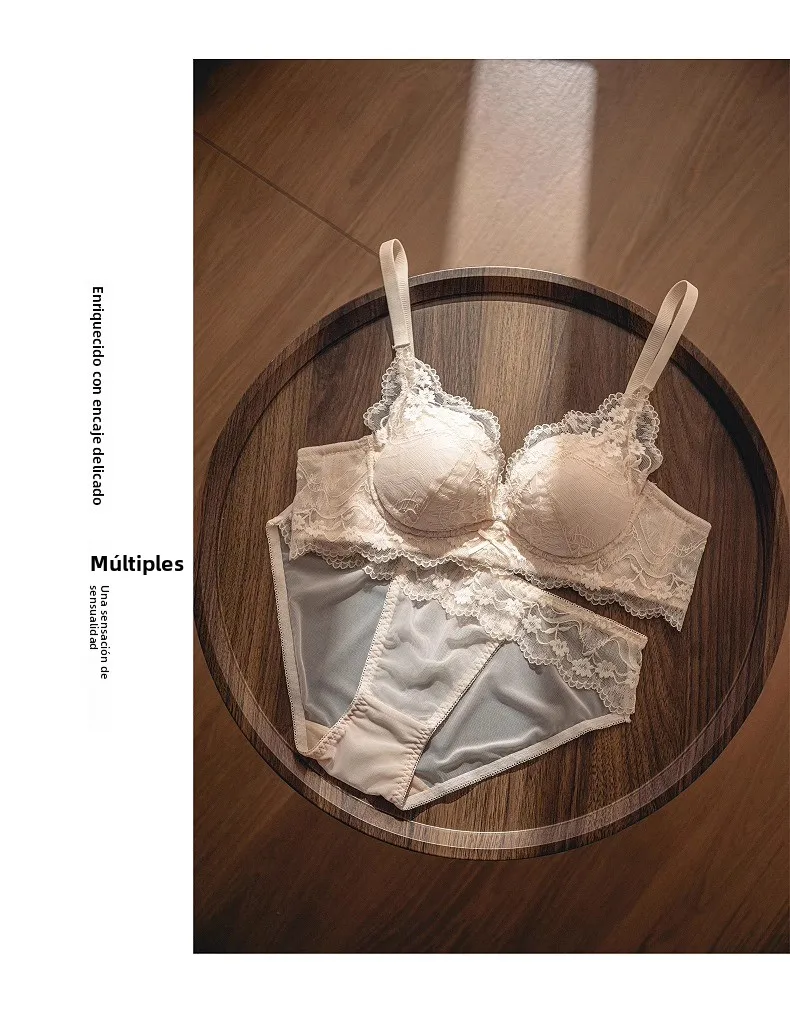 Conjunto de sujetador de encaje sexy para mujer, estilo Pure Desire, con efecto push-up para busto pequeño, antideslizante, c...
