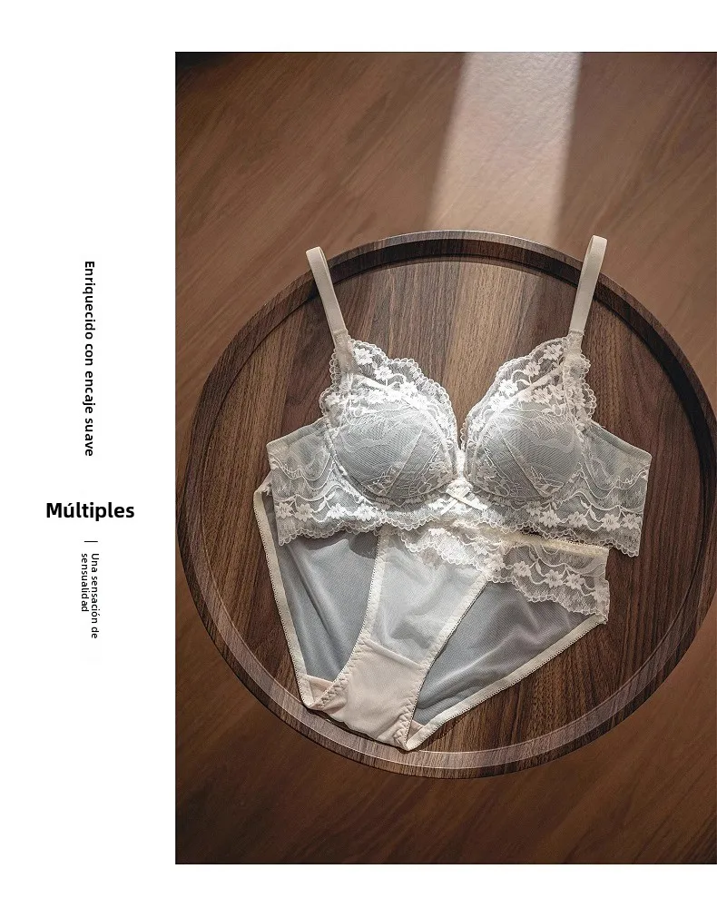 Conjunto de sujetador de encaje sexy para mujer, estilo Pure Desire, con efecto push-up para busto pequeño, antideslizante, c...