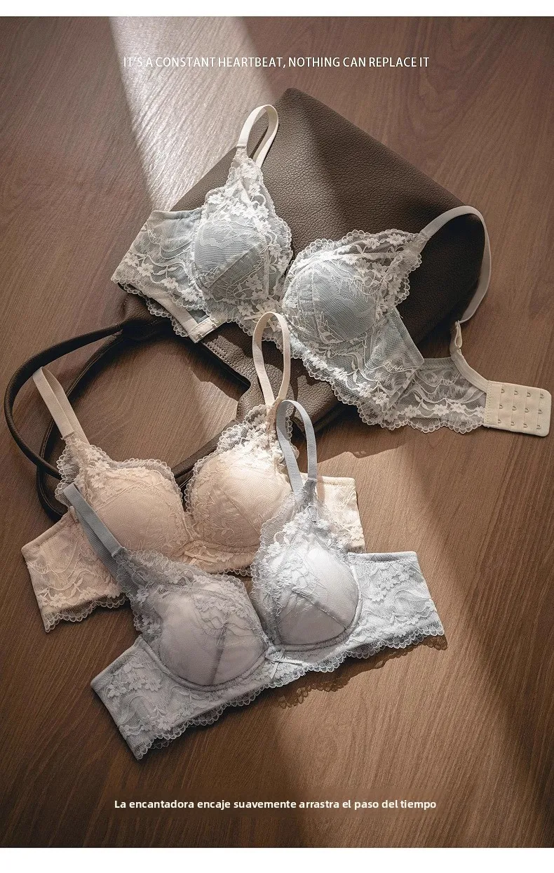 Conjunto de sujetador de encaje sexy para mujer, estilo Pure Desire, con efecto push-up para busto pequeño, antideslizante, c...