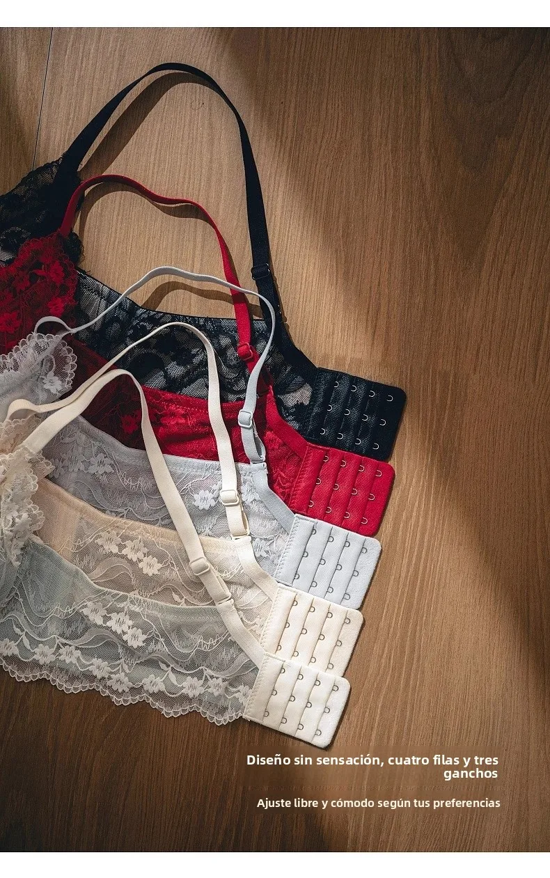 Conjunto de sujetador de encaje sexy para mujer, estilo Pure Desire, con efecto push-up para busto pequeño, antideslizante, c...