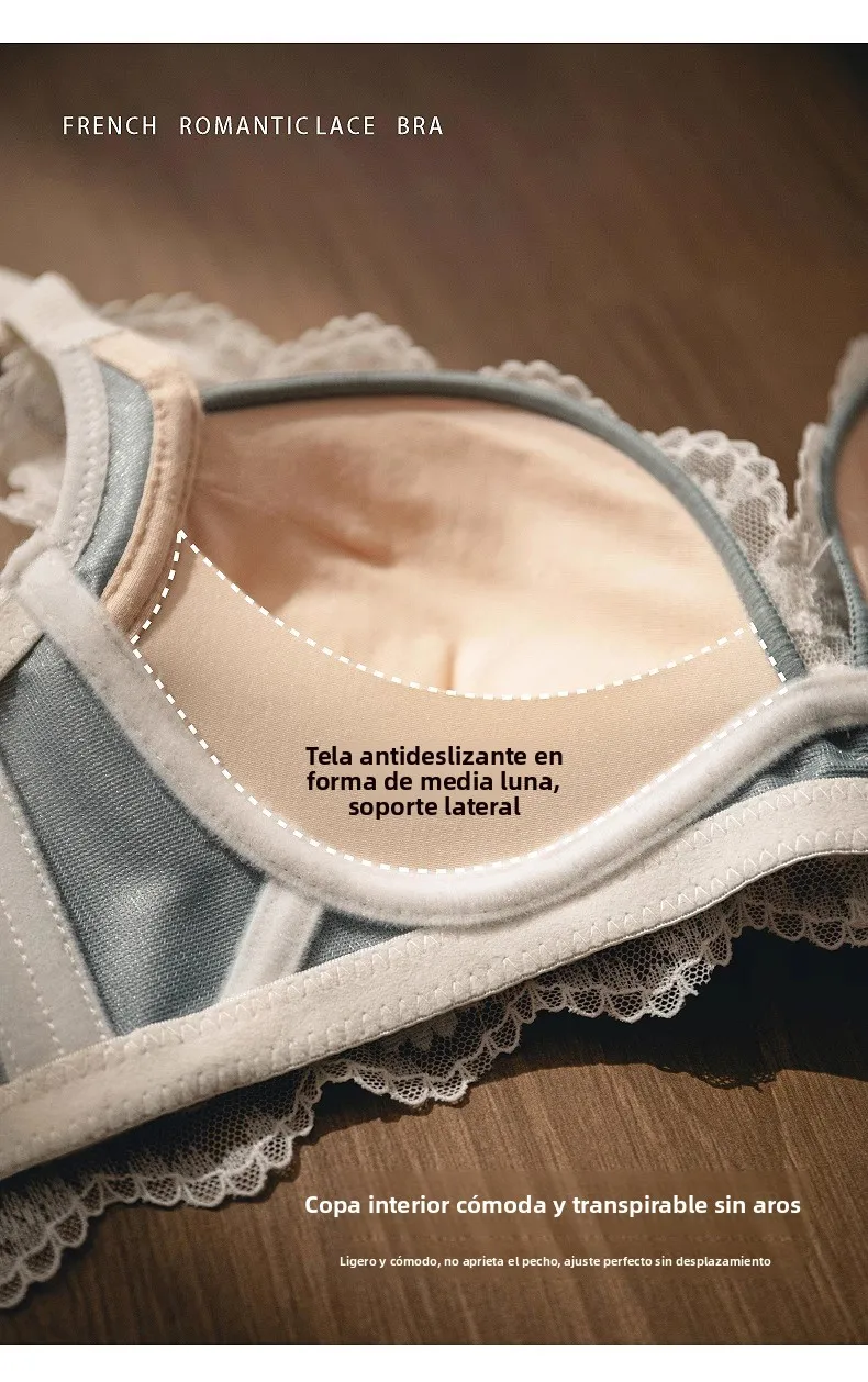 Conjunto de sujetador de encaje sexy para mujer, estilo Pure Desire, con efecto push-up para busto pequeño, antideslizante, c...