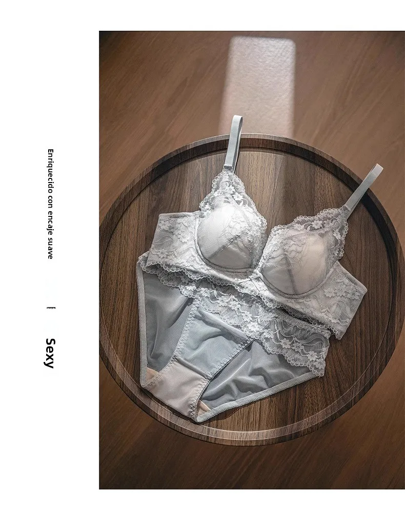 Conjunto de sujetador de encaje sexy para mujer, estilo Pure Desire, con efecto push-up para busto pequeño, antideslizante, c...