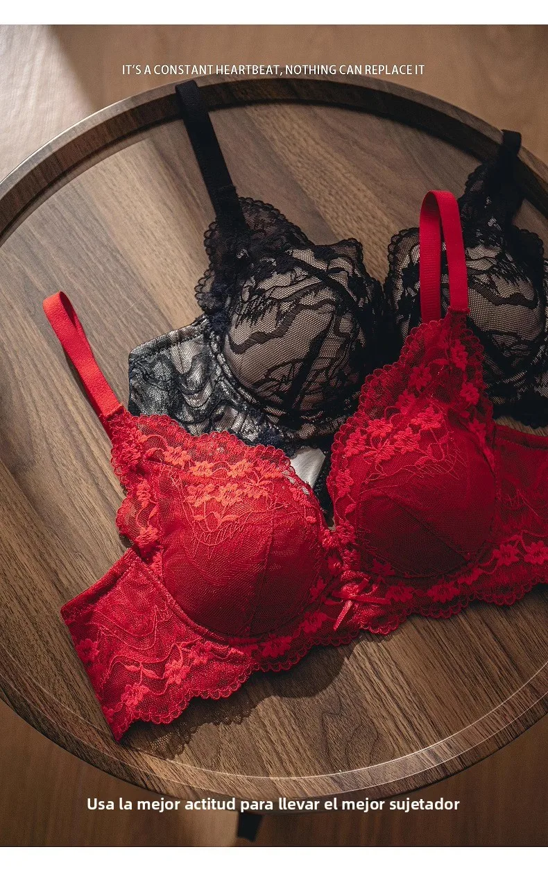 Conjunto de sujetador de encaje sexy para mujer, estilo Pure Desire, con efecto push-up para busto pequeño, antideslizante, c...