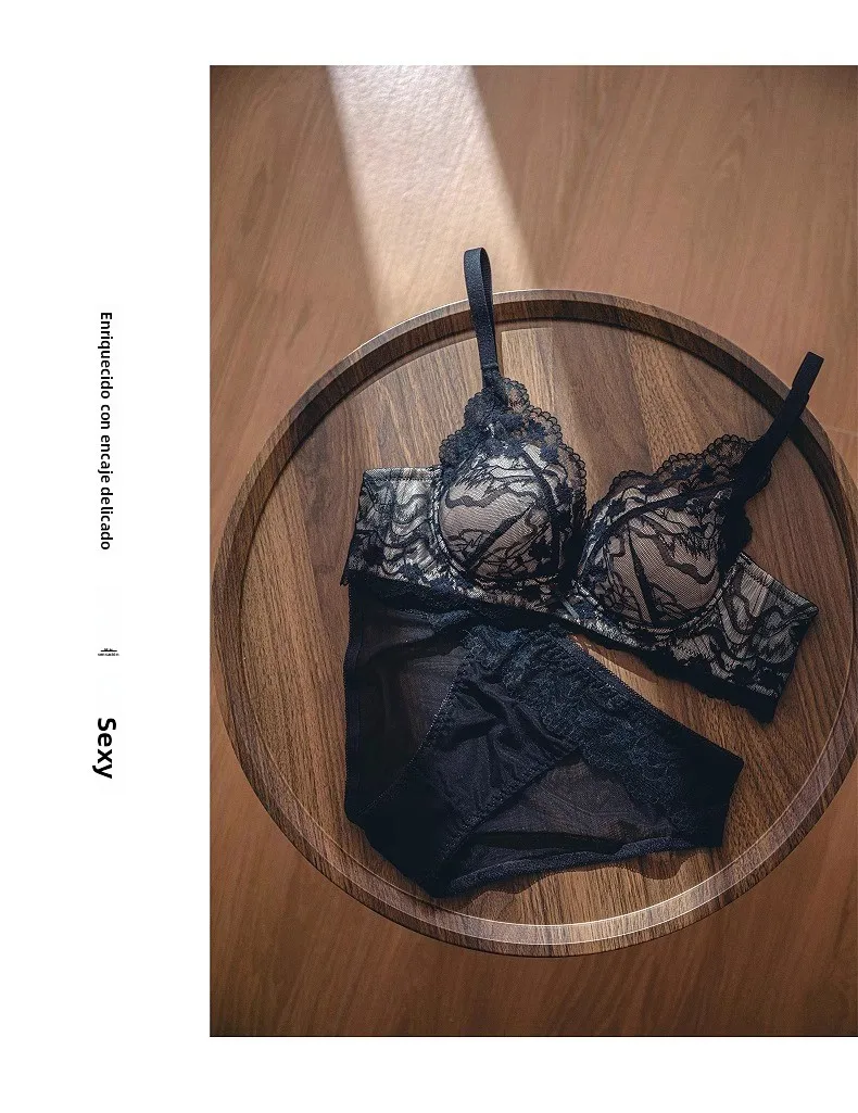 Conjunto de sujetador de encaje sexy para mujer, estilo Pure Desire, con efecto push-up para busto pequeño, antideslizante, c...