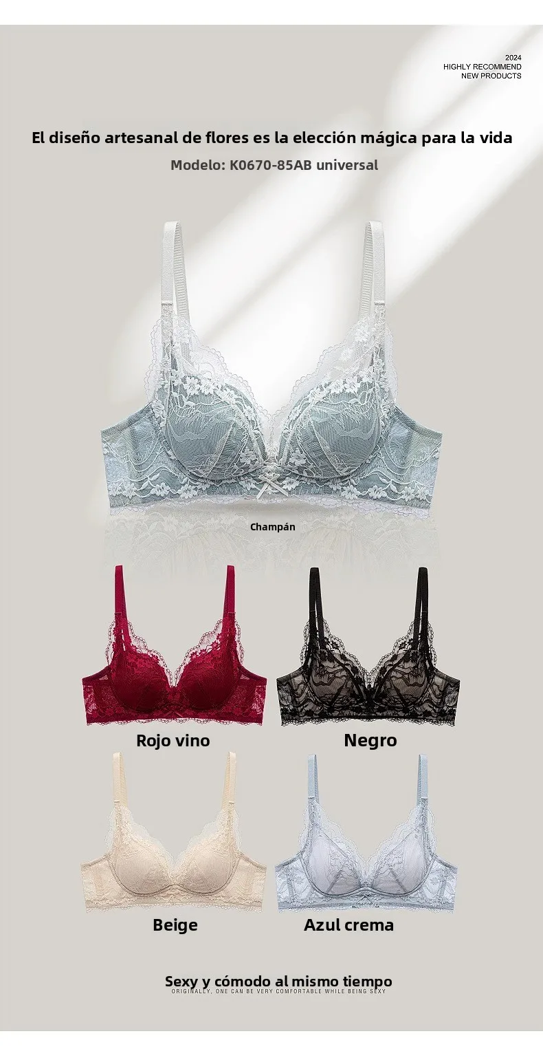 Conjunto de sujetador de encaje sexy para mujer, estilo Pure Desire, con efecto push-up para busto pequeño, antideslizante, c...