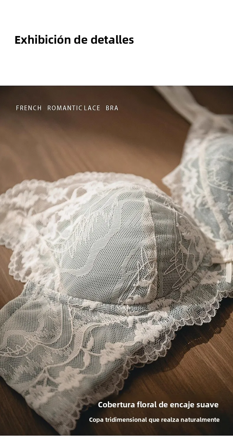 Conjunto de sujetador de encaje sexy para mujer, estilo Pure Desire, con efecto push-up para busto pequeño, antideslizante, c...