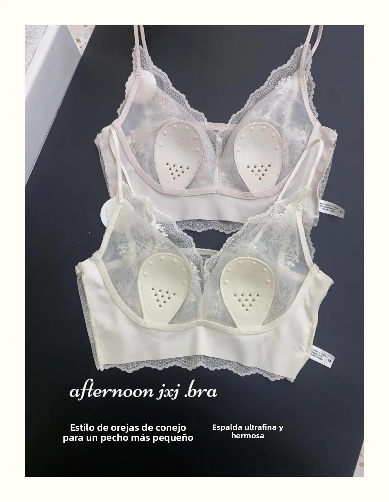 Sujetador de encaje ultrafino sexy sin espalda, bralette sin tirantes, ropa interior femenina, copa con orejas de conejo de c...