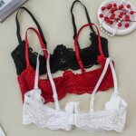 3 piezas de ropa interior de encaje con copas abiertas para mujer, suave, agradable para la piel, transpirable, talla grande, sexy, con efecto push-up y antideslizante.