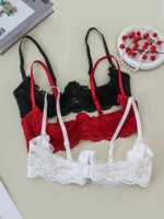 3 piezas de ropa interior de encaje con copas abiertas para mujer, suave, agradable para la piel, transpirable, talla grande, sexy, con efecto push-up y antideslizante.