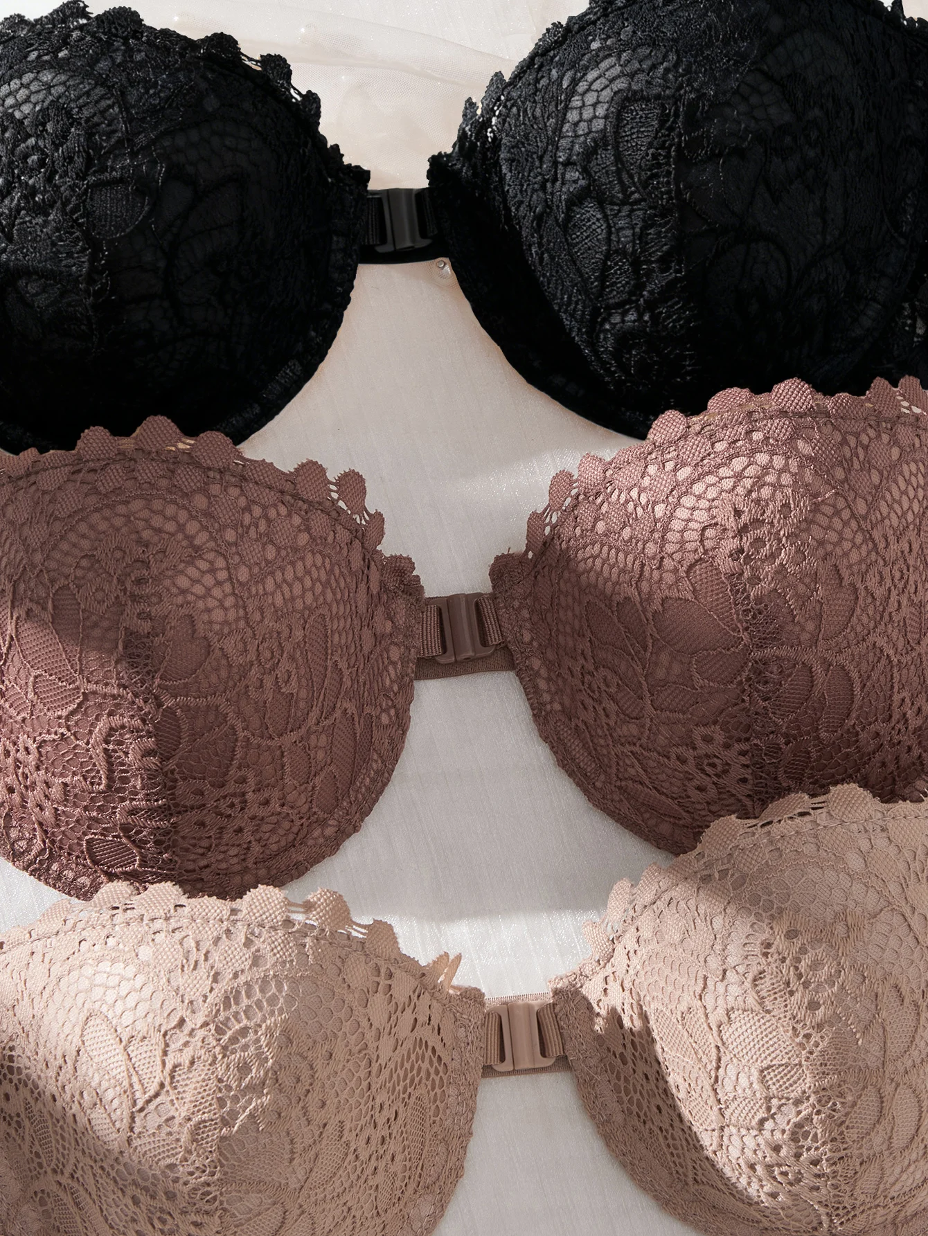 3 piezas de sujetadores de encaje sin tirantes para mujer, elegantes con cierre frontal, push-up, invisibles, con aros y sin hombros