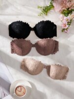 3 piezas de sujetadores de encaje sin tirantes para mujer, elegantes con cierre frontal, push-up, invisibles, con aros y sin hombros - Imagen 4