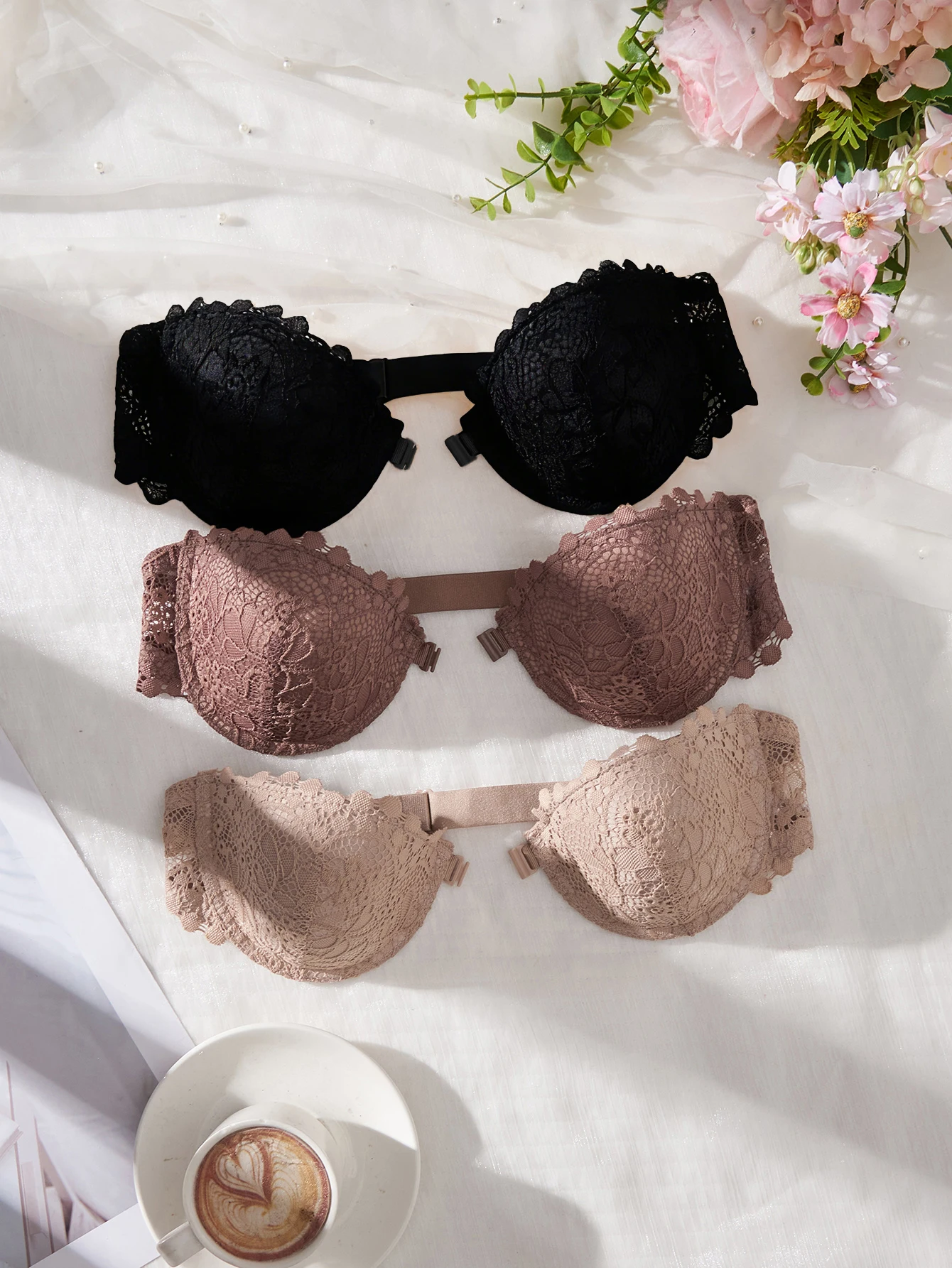 3 piezas de sujetadores de encaje sin tirantes para mujer, elegantes con cierre frontal, push-up, invisibles, con aros y sin hombros