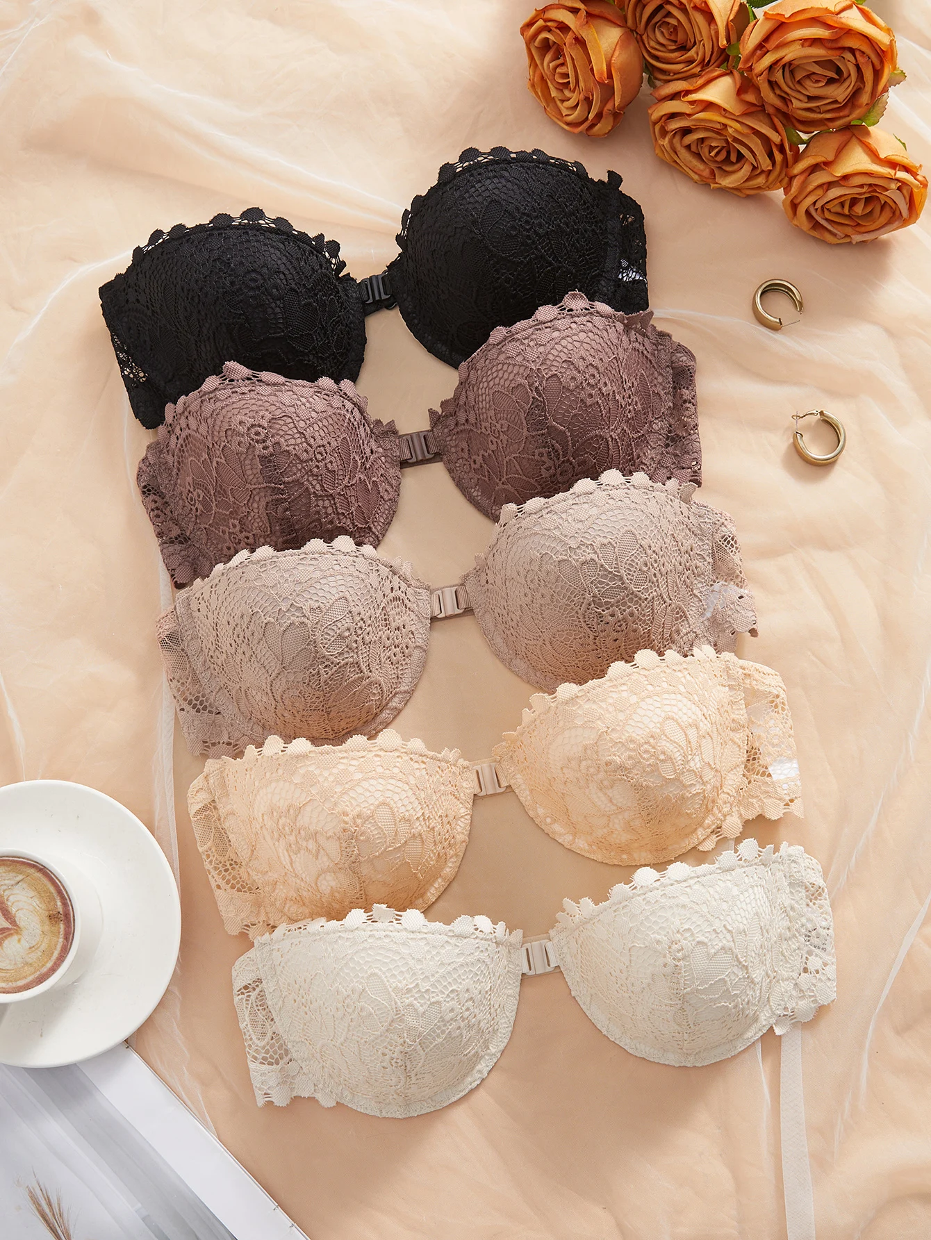 3 piezas de sujetadores de encaje sin tirantes para mujer, elegantes con cierre frontal, push-up, invisibles, con aros y sin hombros
