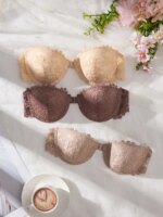 3 piezas de sujetadores de encaje sin tirantes para mujer, elegantes con cierre frontal, push-up, invisibles, con aros y sin hombros - Imagen 6