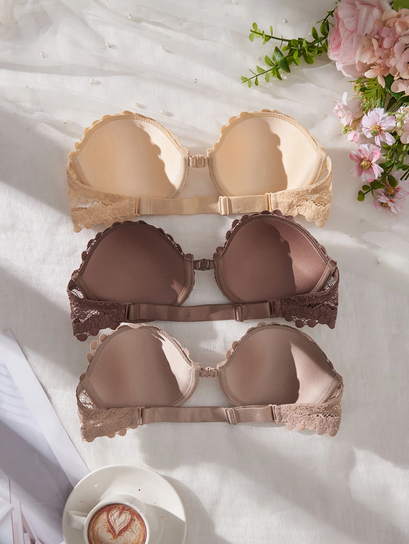 3 piezas de sujetadores de encaje sin tirantes para mujer, elegantes con cierre frontal, push-up, invisibles, con aros y sin hombros