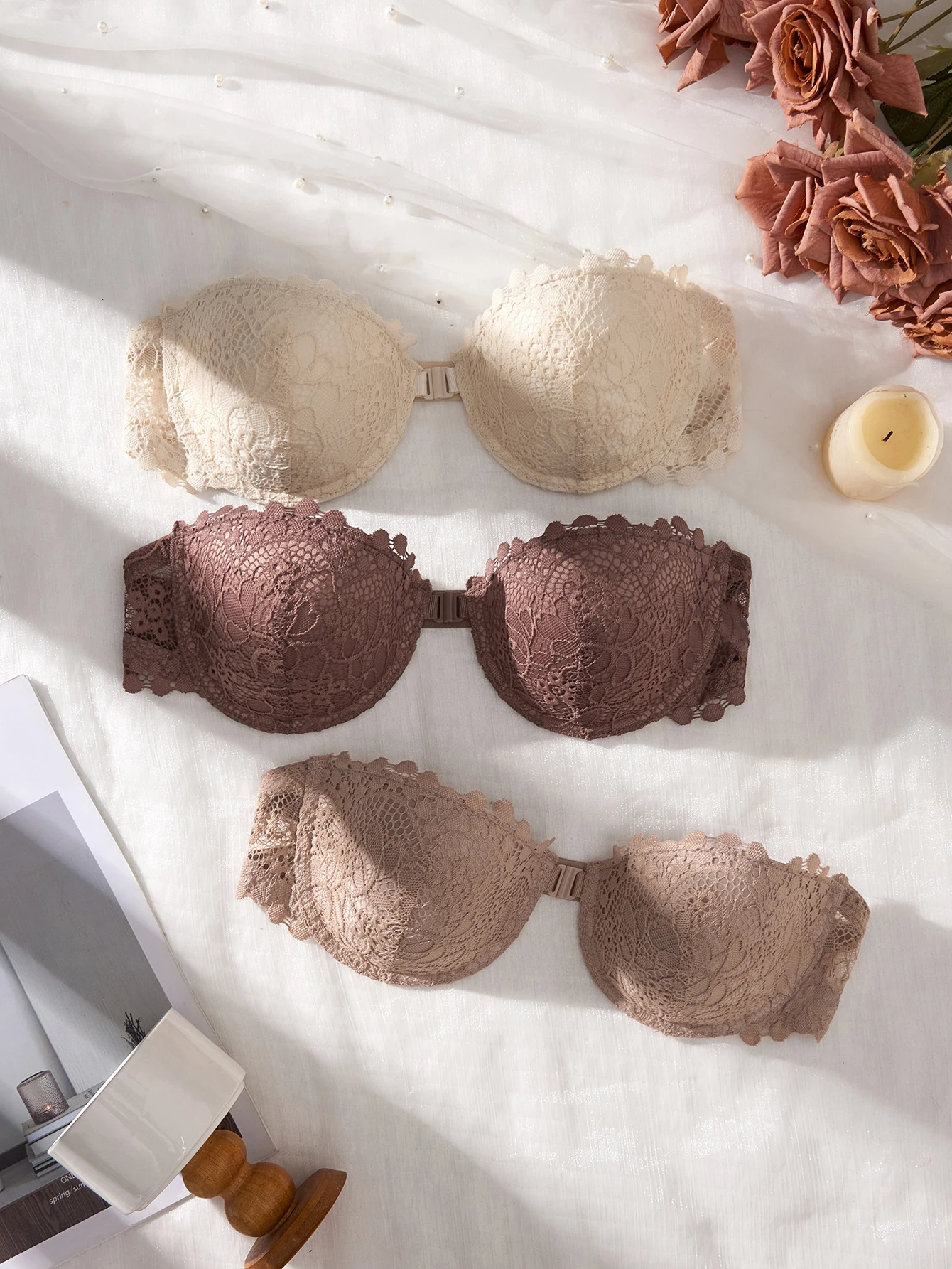 3 piezas de sujetadores de encaje sin tirantes para mujer, elegantes con cierre frontal, push-up, invisibles, con aros y sin hombros