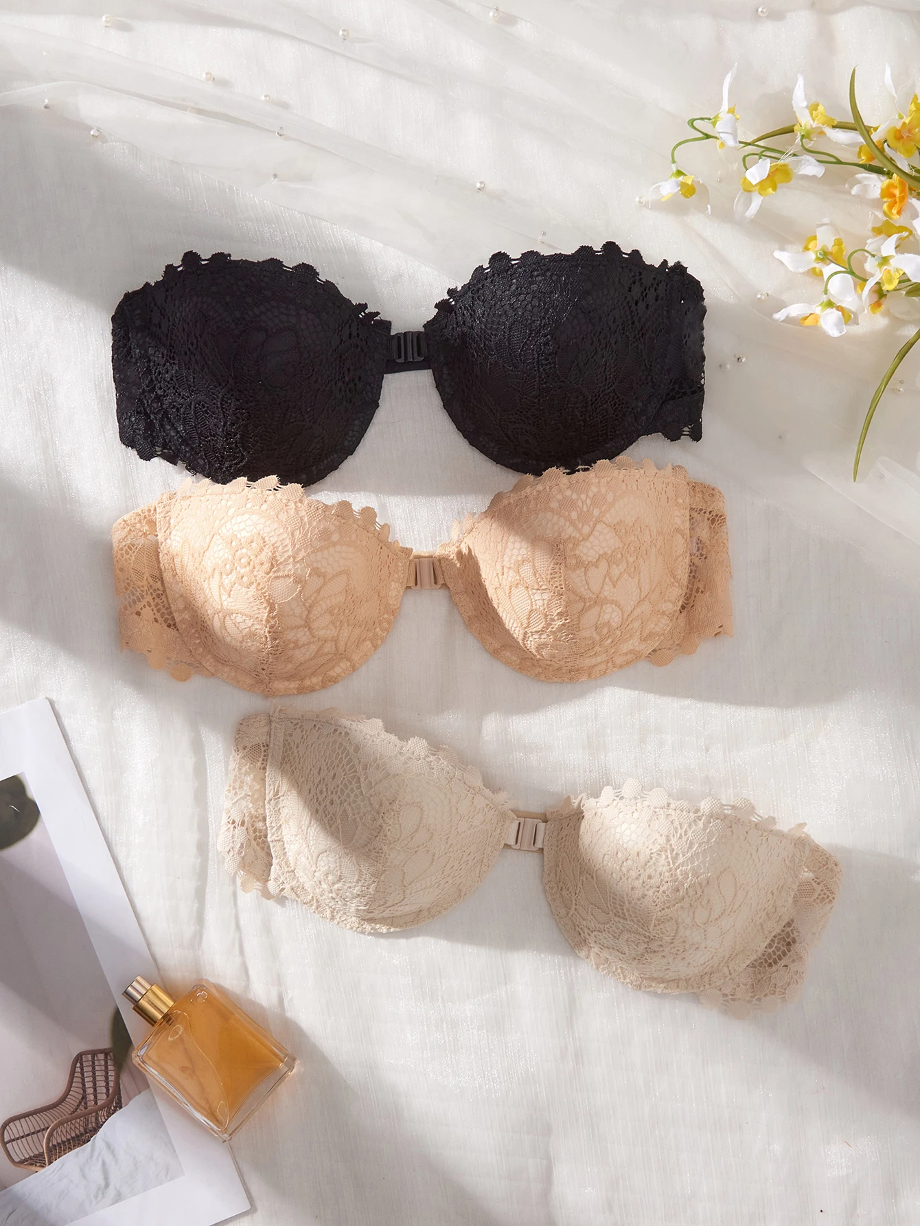 3 piezas de sujetadores de encaje sin tirantes para mujer, elegantes con cierre frontal, push-up, invisibles, con aros y sin hombros