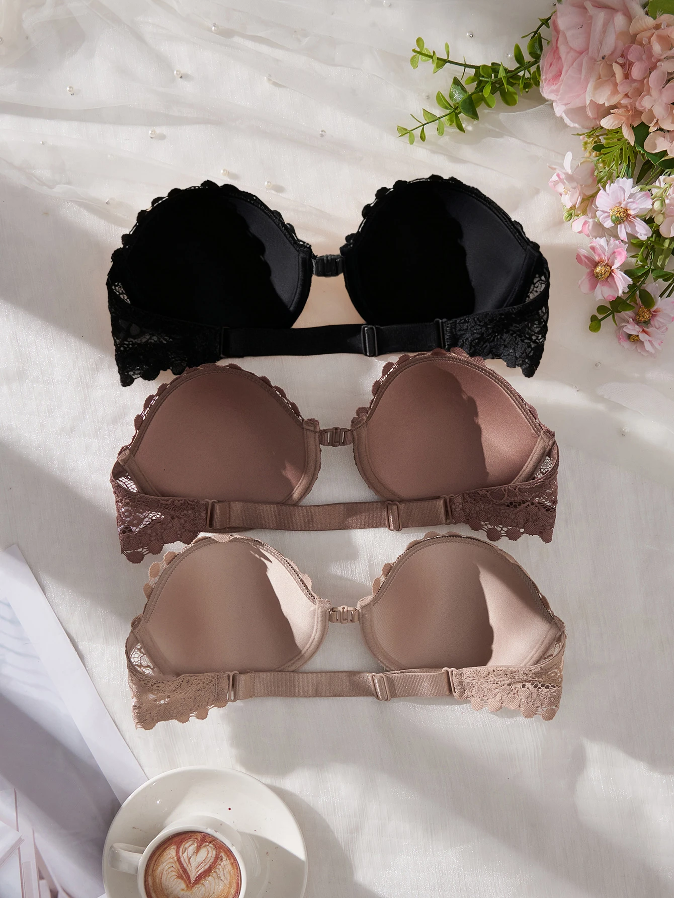 3 piezas de sujetadores de encaje sin tirantes para mujer, elegantes con cierre frontal, push-up, invisibles, con aros y sin hombros