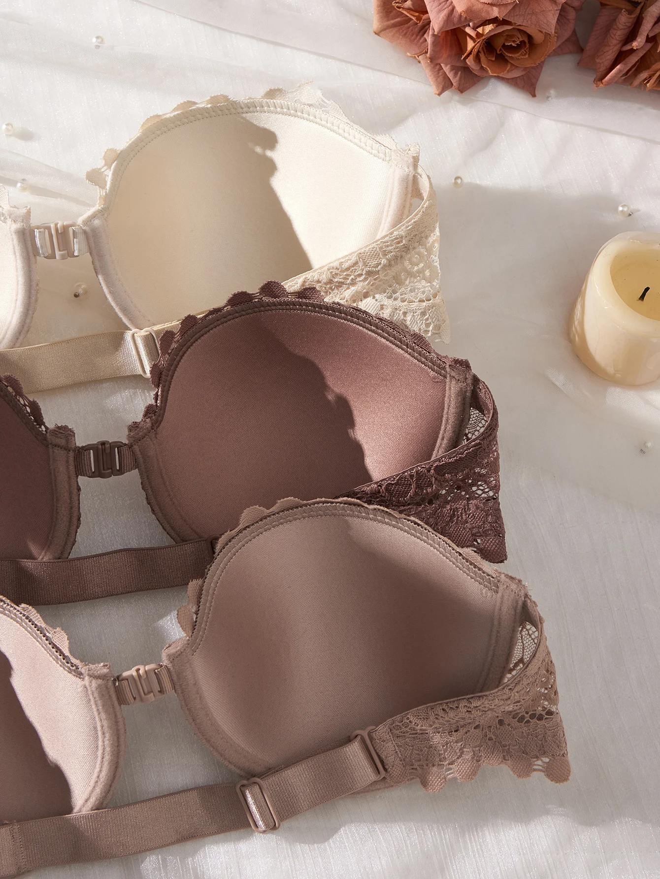 3 piezas de sujetadores de encaje sin tirantes para mujer, elegantes con cierre frontal, push-up, invisibles, con aros y sin hombros