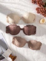3 piezas de sujetadores de encaje sin tirantes para mujer, elegantes con cierre frontal, push-up, invisibles, con aros y sin hombros - Imagen 5