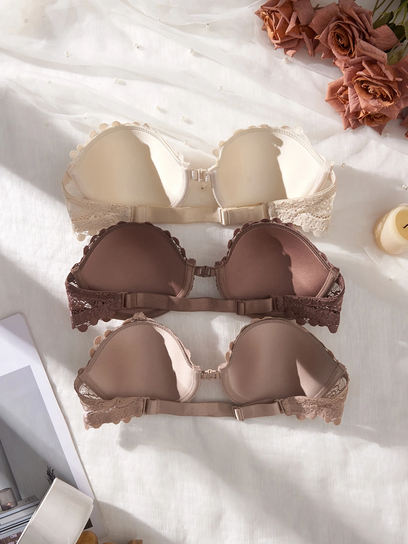 3 piezas de sujetadores de encaje sin tirantes para mujer, elegantes con cierre frontal, push-up, invisibles, con aros y sin hombros