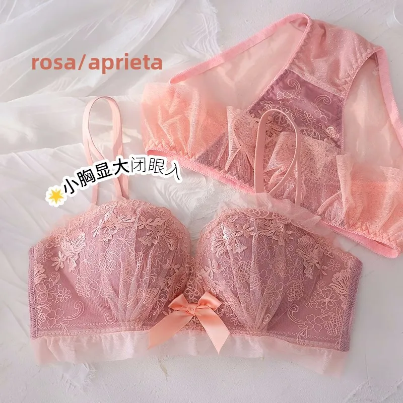 Conjunto de sujetador inalámbrico de encaje sexy y engrosado para mujer, ajustable, para realzar el busto pequeño, lencería s...