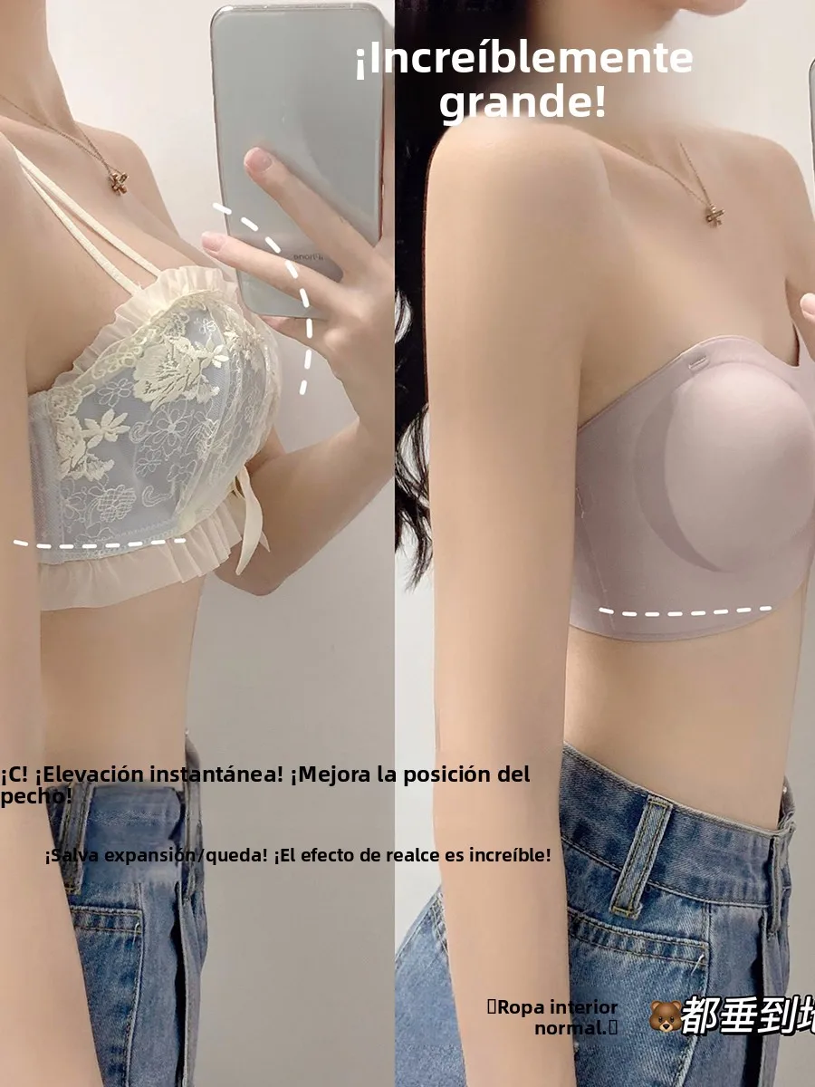 Conjunto de sujetador inalámbrico de encaje sexy y engrosado para mujer, ajustable, para realzar el busto pequeño, lencería s...