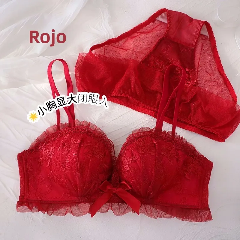 Conjunto de sujetador inalámbrico de encaje sexy y engrosado para mujer, ajustable, para realzar el busto pequeño, lencería s...