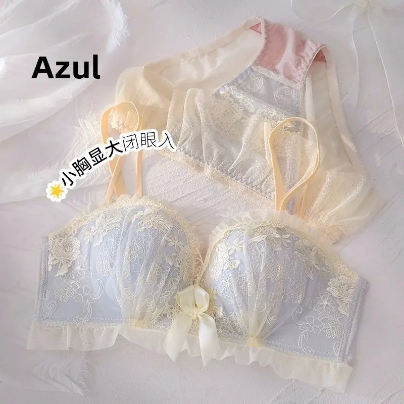 Conjunto de sujetador inalámbrico de encaje sexy y engrosado para mujer, ajustable, para realzar el busto pequeño, lencería s...