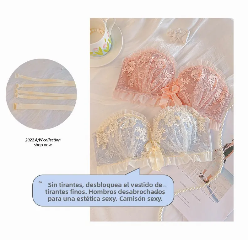 Conjunto de sujetador inalámbrico de encaje sexy y engrosado para mujer, ajustable, para realzar el busto pequeño, lencería s...